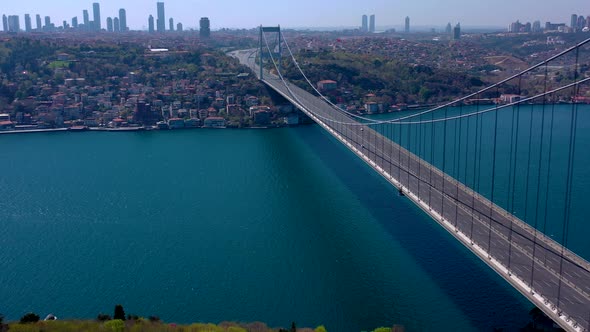 Aerial View of FSM ( Fatih Sultan Mehmet ) Bridge, Bosphorus and buildings