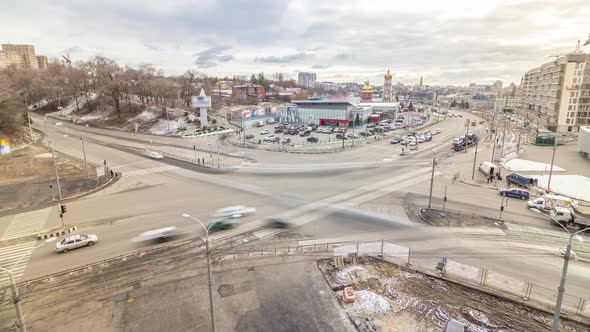 Traffic on the Streets Intersection of the City Aerial Timelapse in Kharkov Ukraine