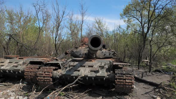 A Destroyed and Burnt Tank of the Russian Army As a Result of a Battle with Ukrainian Troops Near