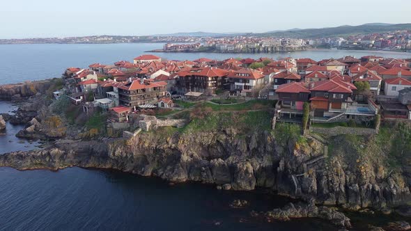 View From a Height of the City of Sozopol with Houses and Boats Near the Black Sea