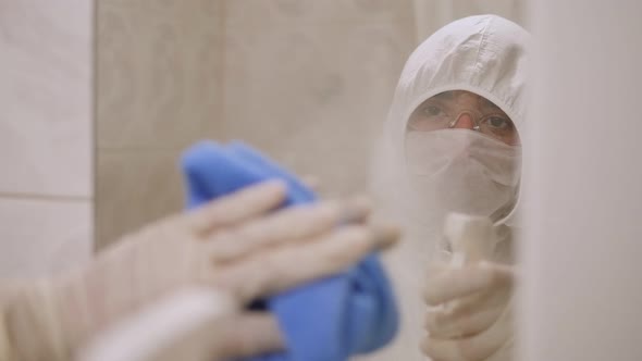 Man in Protective Suit and Gloves Wipes the Mirror with a Disinfectant Solution