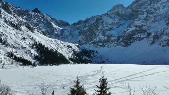 Aerial view of morske oko in High Tatras mountains in Slovakia