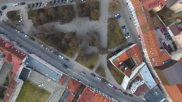 Flying over the old town of Vilnius, Lithuania