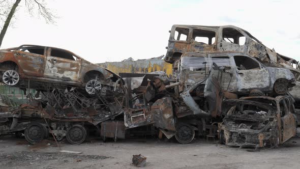 A Lot of Shot and Destroyed Civilian Cars at the Car Cemetery in Gostomel Ukraine