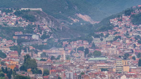 Aerial view of the historic part of Sarajevo city timelapse.