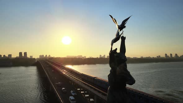 Metro Bridge in the Morning at Sunrise in Kyiv, Ukraine. Dnipro Station