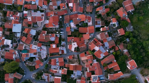 Flying Over Red Roofs of Authentic Mountain Village in Central Cyprus