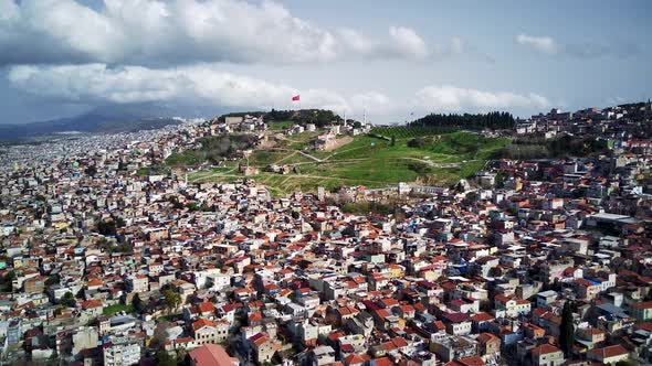 Drone view on poverty slum district and muslim mosque