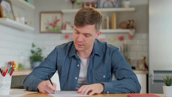 adult man vlogger looking at camera talk make live video conference call online chat using computer