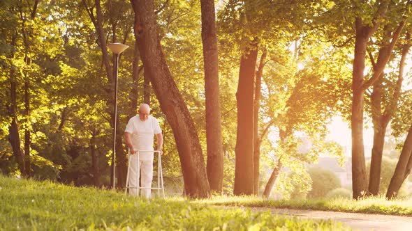 Disabled old man is walking with a walker. Handicapped patient in the park.