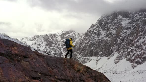 Young Hiker On Mountain Peak At Sunset Successful Pose Outstretched Arms Business Life Achievement