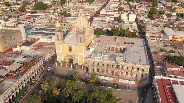 Aerial Panorama Of Catedral Basílica Menor de Colima At The City Center Of Colima In Mexico. Drone