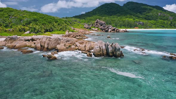 Aerial View of Unique Coastline with Nature Granite Boulders on Remote Paradise Like Beach Hidden in