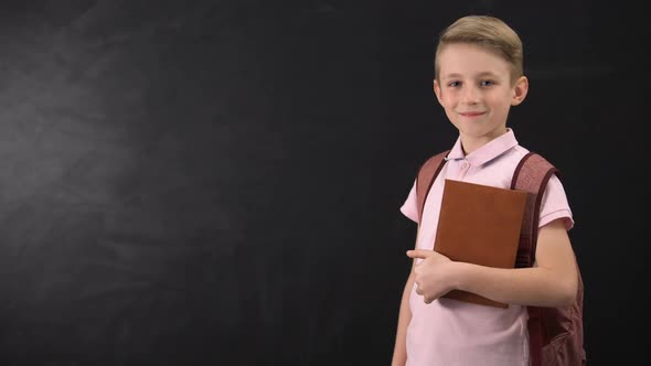 Diligent Schoolboy Holding Textbook, Standing Near Blackboard, Education System