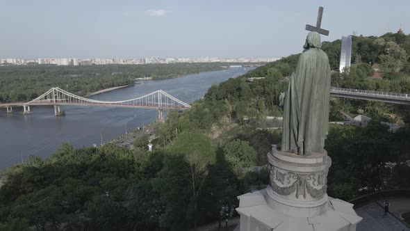 The Architecture of Kyiv. Ukraine: Monument To Volodymyr the Great. Aerial View, Slow Motion, Flat