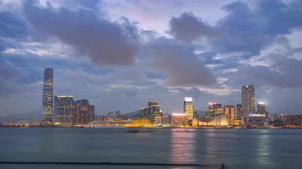 Shyline Panorama Timelapse Day To Night with International Commerce Centre in West Kowloon Hong Kong