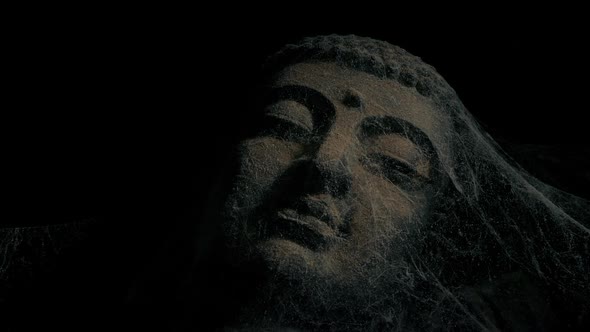 Passing Ancient Buddha Statue In Dark Temple