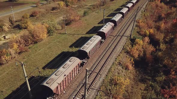 freight train with wagons is passing by rail near landings with trees on the background of fields