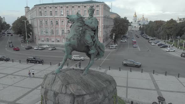 Monument To Bogdan Khmelnitsky in Kyiv, Ukraine. Aerial View