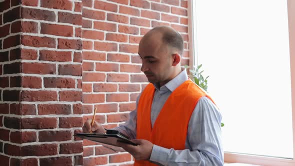 A builder engineer makes measurements of the premises in the building.