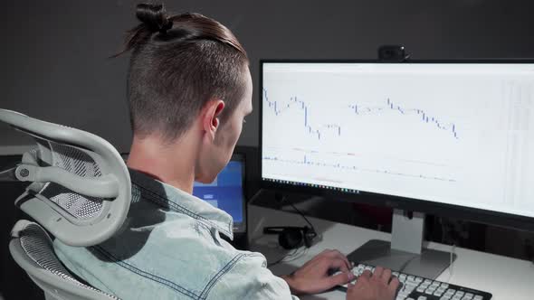 Rear View Shot of a Computer Programmer Stretching in His Chair Working Late