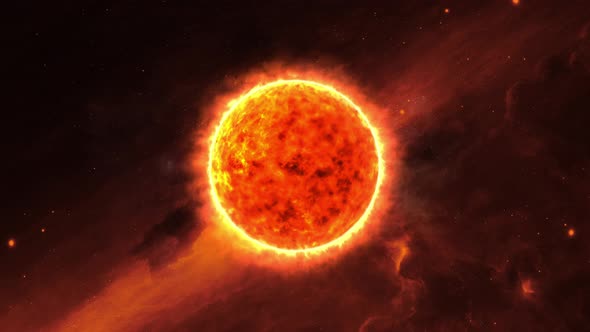 Futuristic flaming solar star. Cinematic burning surface of Sun in deep space surrounded by stars. alt