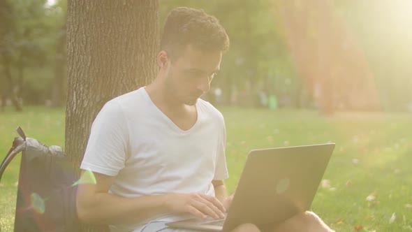 Young Man in the Park Near a Tree at Sunset Looking for Information on the Internet on a Laptop