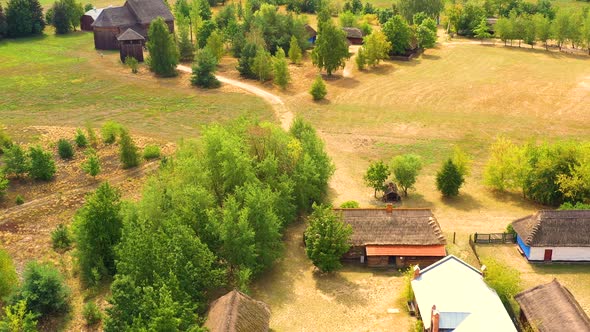 Maurzyce wooden architecture heritage park, antique building in open air museum. Lowicz, Poland