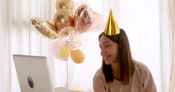 Woman with Balloons Celebrates Birthday Having Video Call