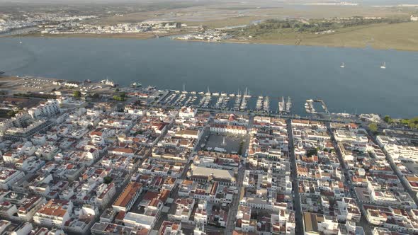 High panoramic view of Vila Real de Santo Antonio Village by Guadiana River, Spain As Background