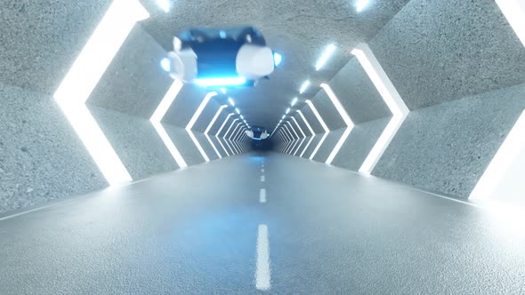 Futuristic Long Tunnel with Flying Cars