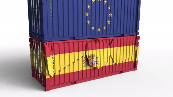 Container with Flag of EU Breaks Container with Flag of Spain alt