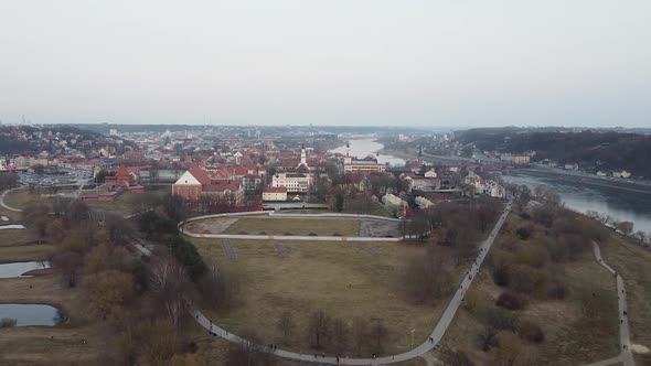 Flying towards old town of Kaunas city, Lithuania