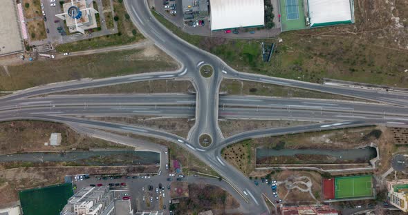 Aerial top View of busy freeway, rush hour heavy traffic jam highway. Aerial view of multiple roads