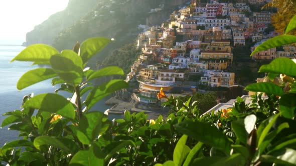 Steadicam Shot of Beautiful Colorful Houses on Amalfi Coast in Positano Village in Campania, Italy. 