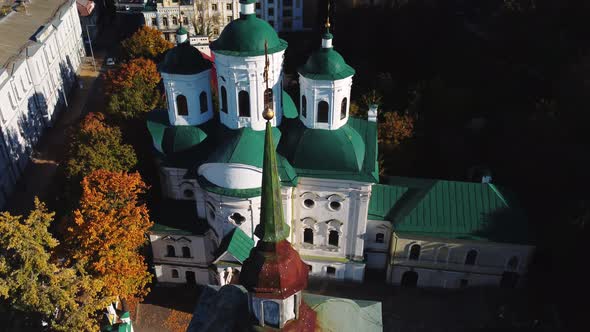 Aerial view of Pokvska Church located in historical part of Kyiv - Podil
