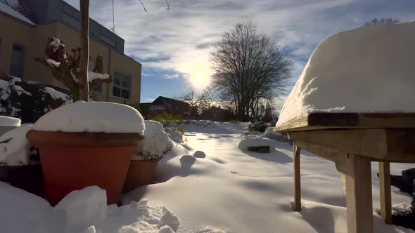 Garden Covered In Snow On A Sunny Day In Wintertime. wide shot, static