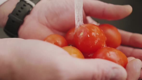 Closeup Cook Man Washing Fresh Tomatoes