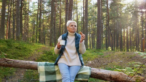 Senior Woman Drinking Tea and Eating Pie in Forest