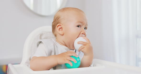 Closeup of Young Baby in White High Baby Chair Who Holds Two Plastic Balls Green and White in Both