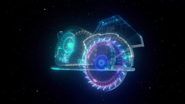 Industrial Generic Circular Saw Scanning With Particles In Digital Cyber Space 4k alt