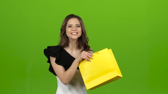 Brunette Girl Holds a Gift Bag in Her Hands, She Likes It. Green Screen
