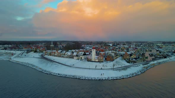 Urk Flevoland Netherlands a Sunny Snow Winter Day at the Old Village of Urk with Fishing Boats at