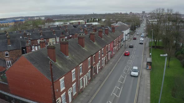 Aerial overhead views of Victoria road, Vicky road, a poor area leading to the city centre of Hanley