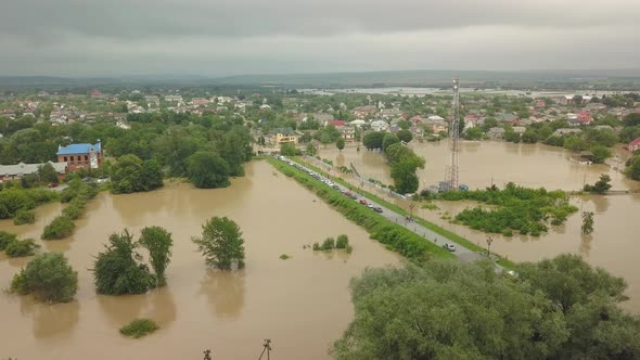 Flooded Soccer Field During a Severe Flood. Aerial Video. From the Water You Can See Only the Top of