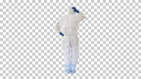 Man in A White Decontamination Suit Putting, Alpha Channel