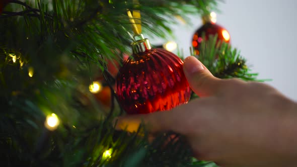 Hand Decorating Christmas Tree with Ball 