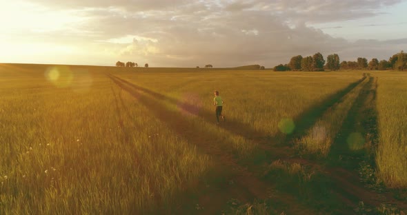 Sporty Child Runs Through a Green Wheat Field. Evening Sport Training Exercises at Rural Meadow. A