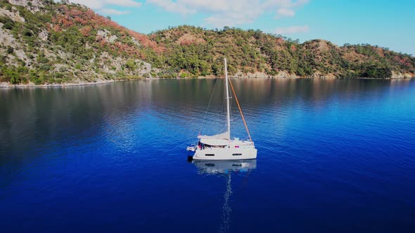 Catamaran Yacht at Sea Surrounded By Mountains and Forest