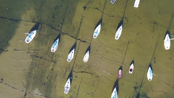 Boats in the marina, aerial top-down birds-eye view.